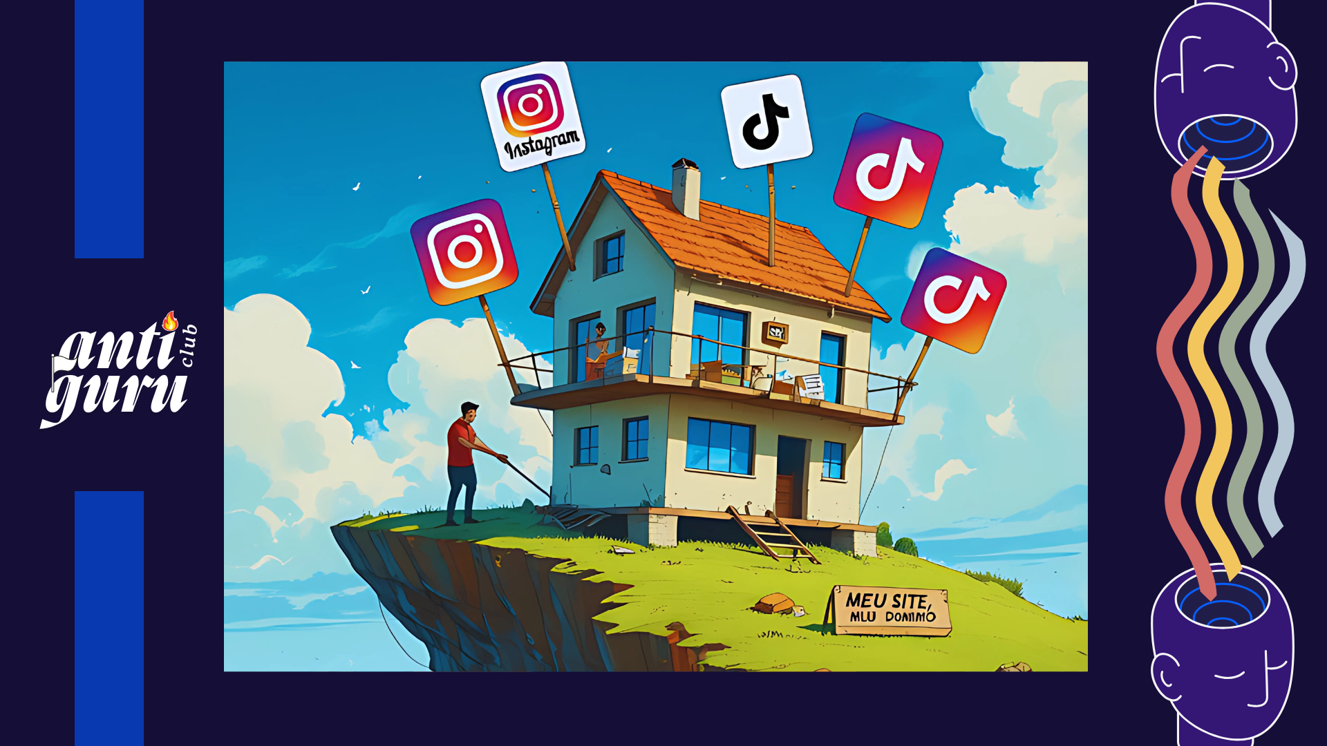 Pessoa tentando construir um negócio sobre terreno alugado no marketing digital, simbolizando a instabilidade das redes sociais em contraste com a segurança de um site próprio.