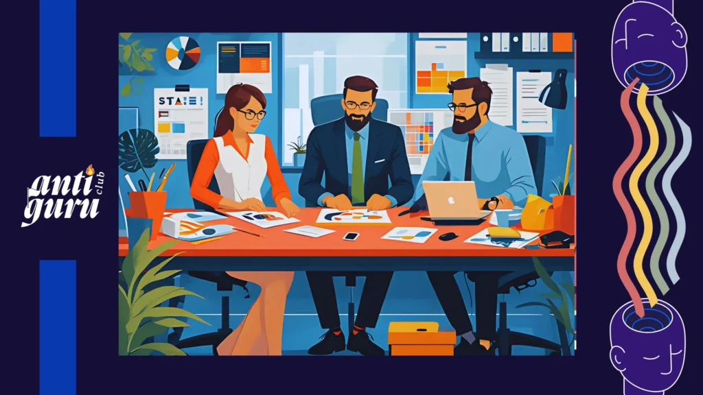 Definir o ICP da empresa com base em dados e experiências de clientes. Profissionais de marketing, vendas e CS reunidos em uma sala de reunião